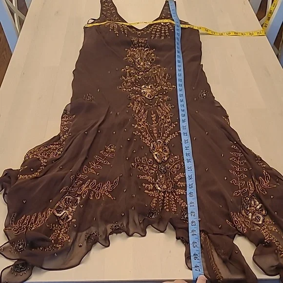 EUC VTG Marina 100% Silk Beaded and Sequined Chocolate Bown Lined Dress - Picture 11 of 17